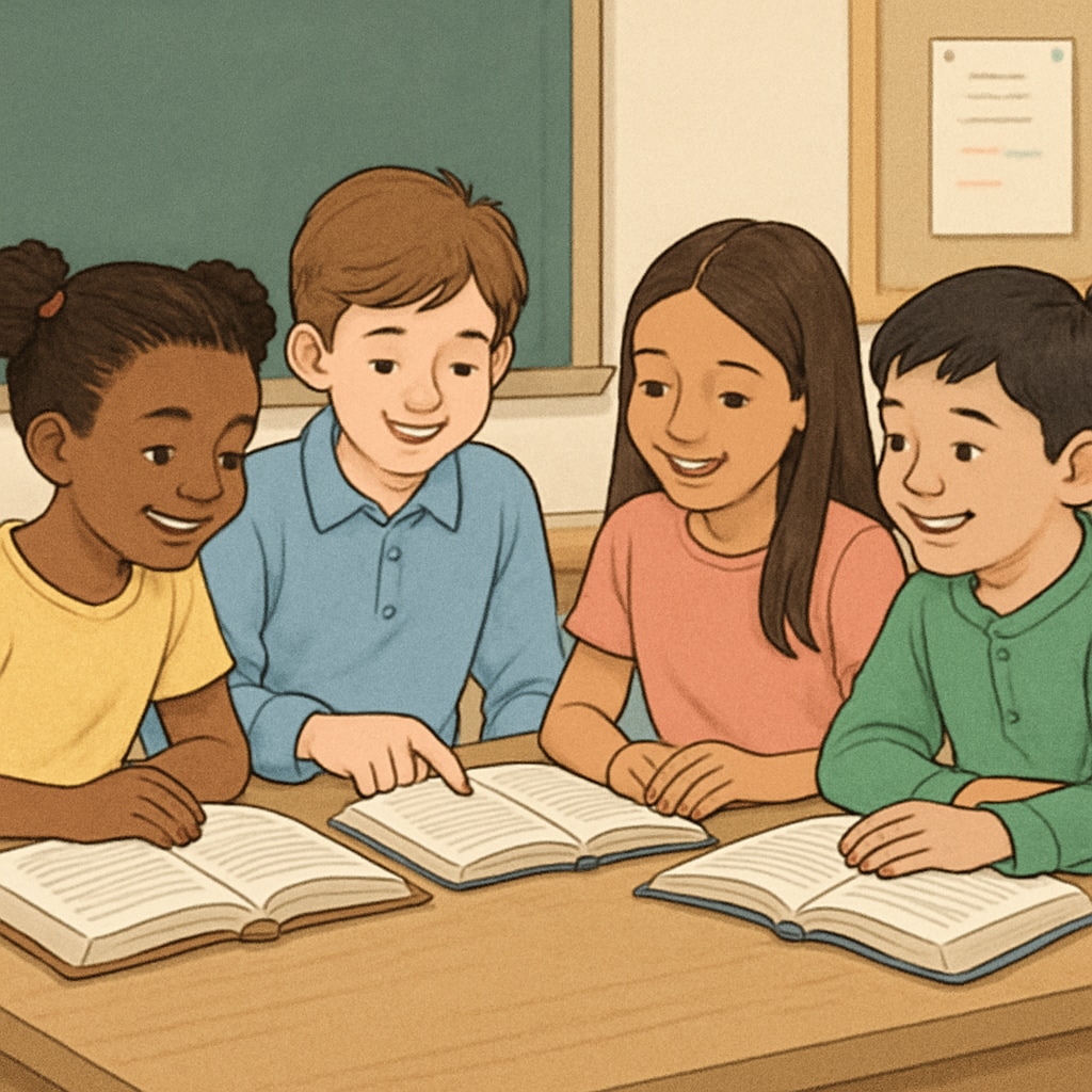 A diverse group of fifth-grade students participating in a collaborative reading activity. Fifth-grade students collaborating on a reading activity, representing ELA teaching strategies.