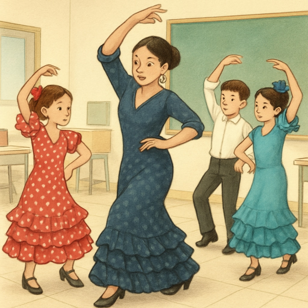 Students engaging in a flamenco workshop, representing cultural immersion activities for better adaptation abroad. Students participating in flamenco classes for cultural adaptation to Spain.