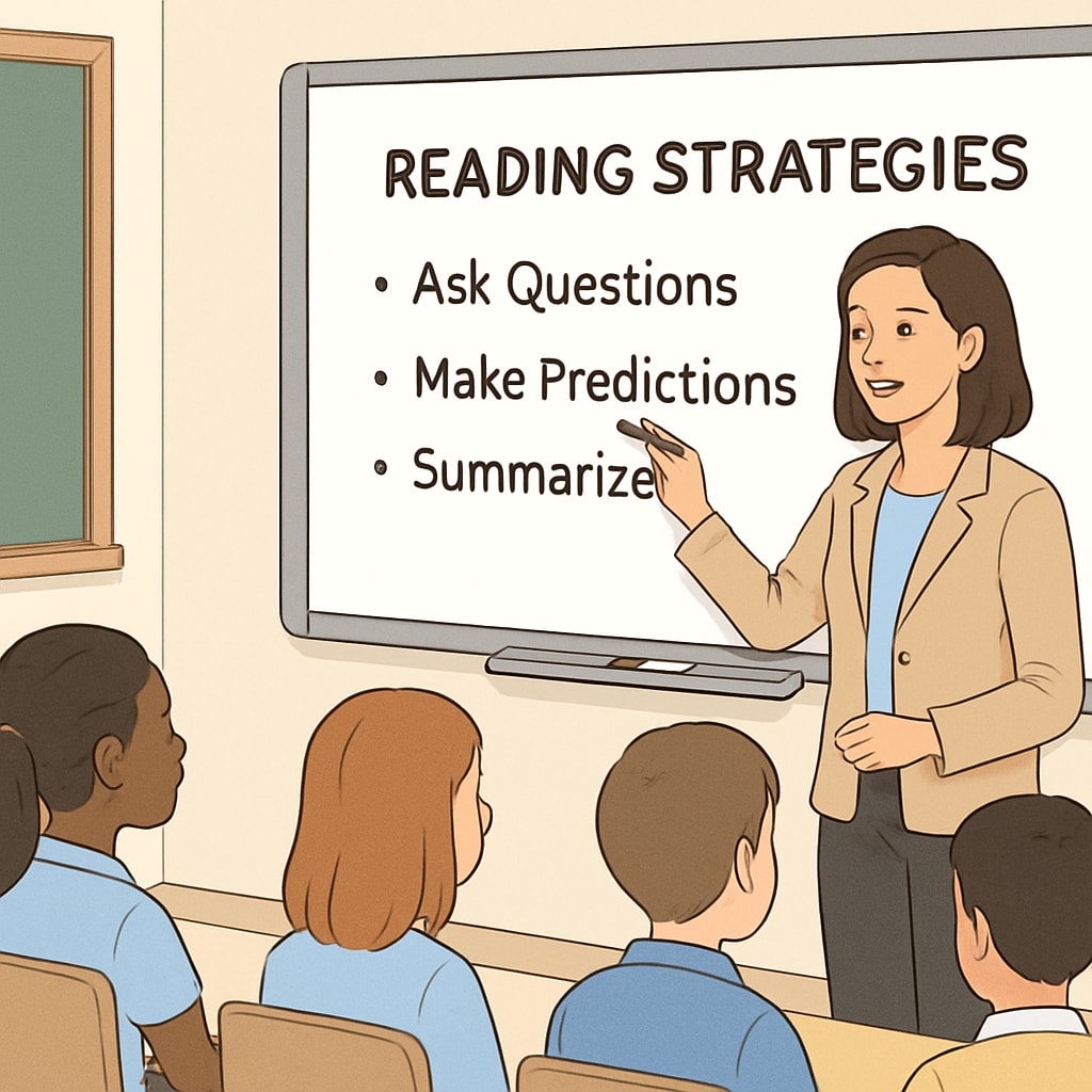 A teacher using an interactive whiteboard to demonstrate reading strategies to a class. A teacher demonstrating reading strategies on an interactive whiteboard in a fifth-grade classroom.