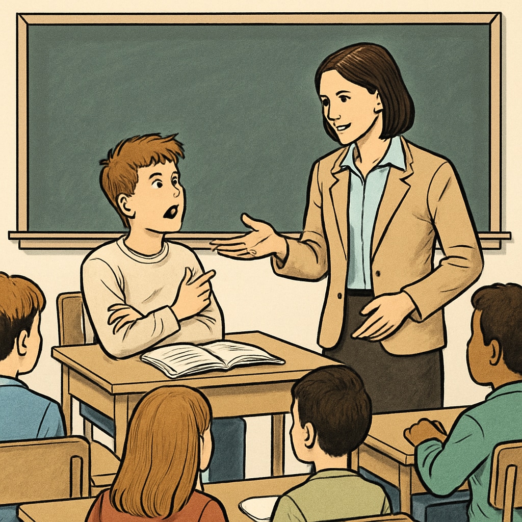 A teacher calmly addressing a disruptive student in a classroom setting Teacher managing classroom behavior in public schools to restore order