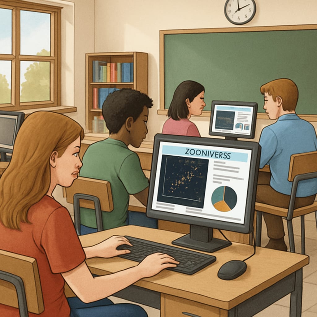 A classroom of students using computers to analyze data on Zooniverse, showcasing engagement with citizen science projects. Students participating in Zooniverse citizen science projects on classroom computers.