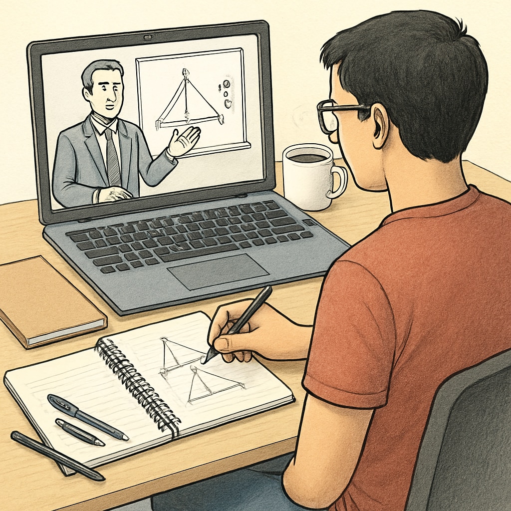 A student studying engineering while attending an online class on a laptop, symbolizing time management and multitasking. Online degree and mechanical engineering student managing time effectively.