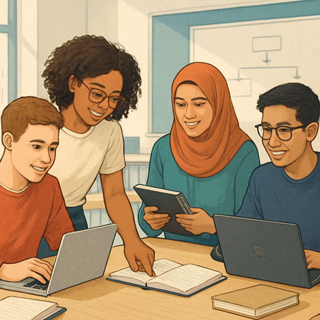 University students working together, highlighting diversity and inclusivity.