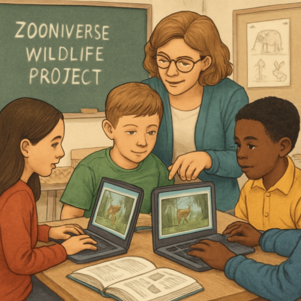 A teacher guiding students through a Zooniverse wildlife project on classroom laptops. Teacher facilitating a Zooniverse project with students in a classroom setting.