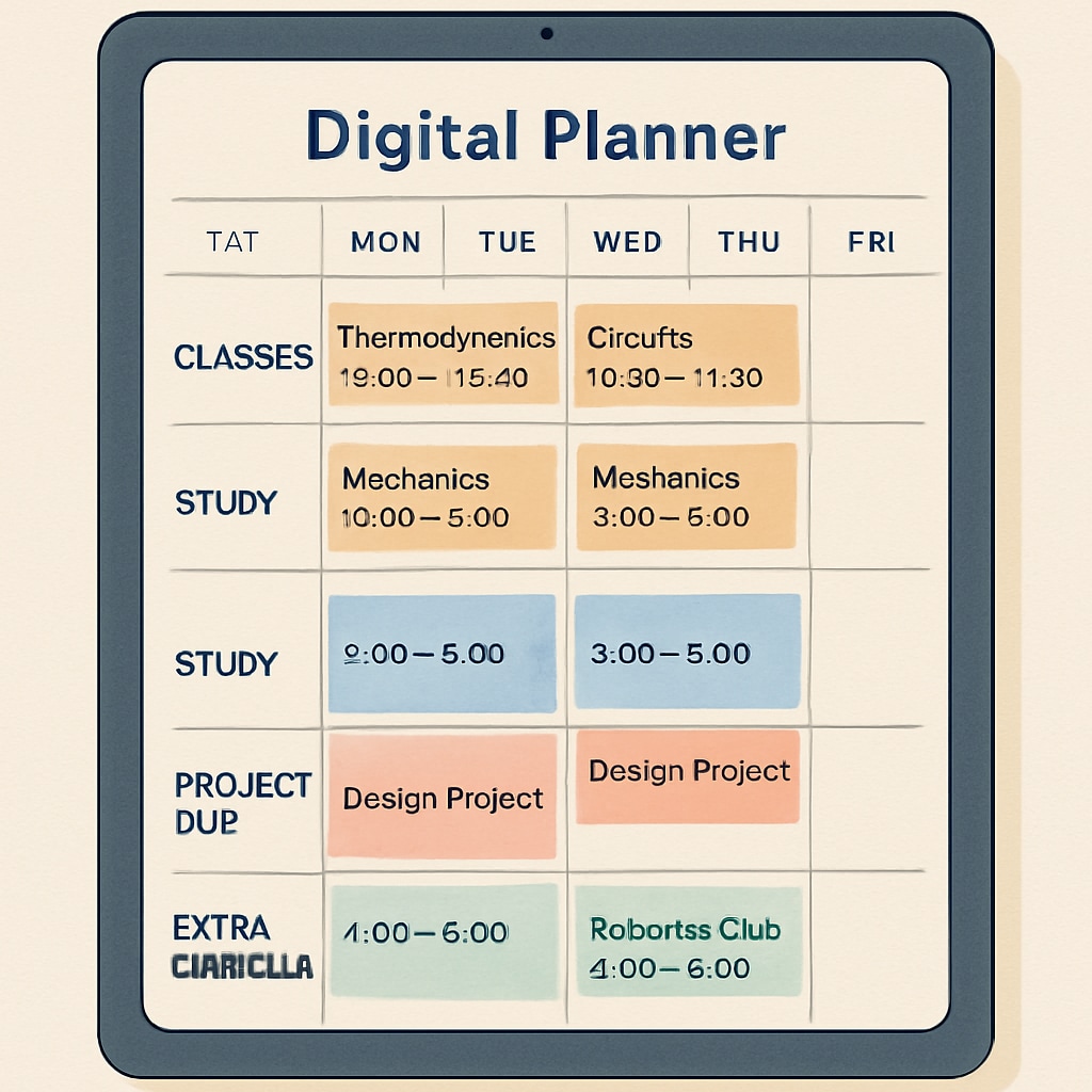 A digital planner showing an organized schedule for an engineering student managing dual degrees. Time management strategies for students pursuing dual degrees.