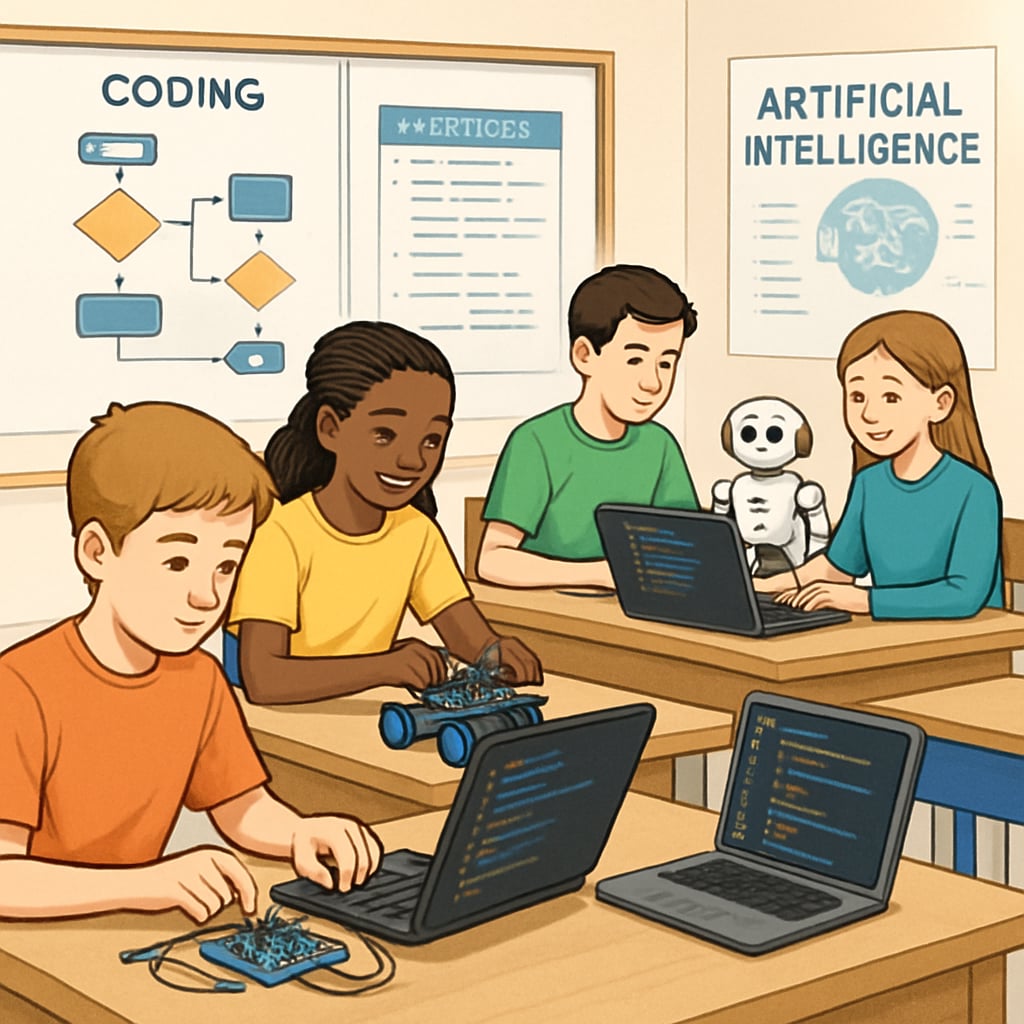 A classroom setting where students are engaged in coding or robotics projects, symbolizing the integration of AI-related skills into K12 education. Students learning coding and robotics in a classroom to prepare for an AI-driven future.