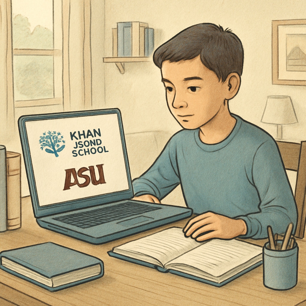 A middle school student studying on a laptop at home, showing engagement with online coursework from Khan World School and ASU. Student interacting with Khan World School and ASU online courses at home.
