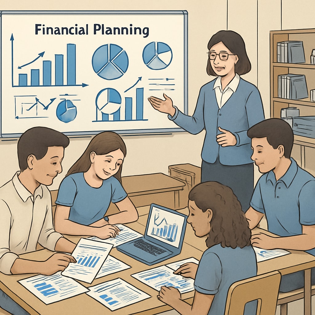 A classroom setting where students are engaged in a project involving financial planning and data analysis. Students working collaboratively on financial planning and data analysis in a classroom.