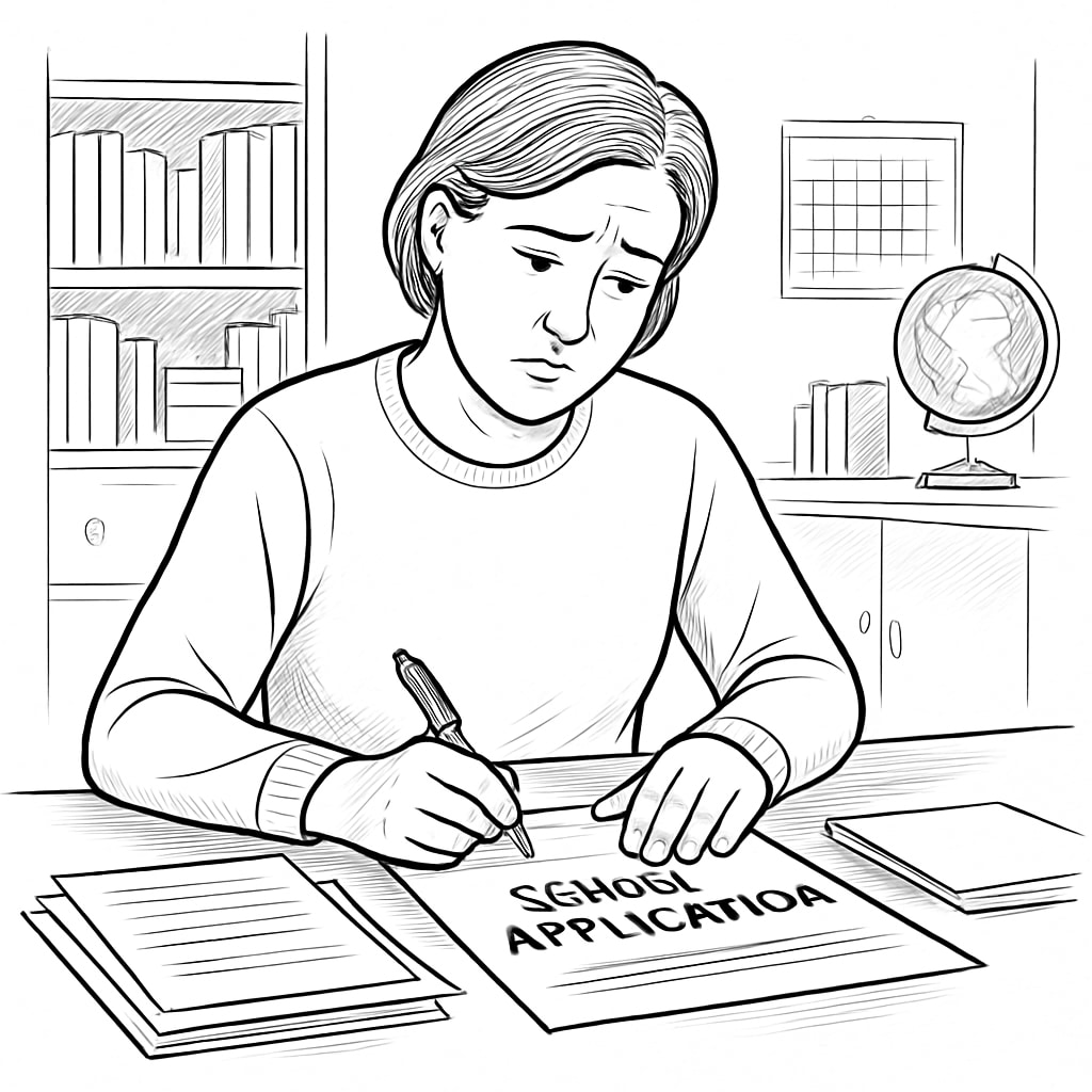 A concerned parent working on paperwork for their child's school application, representing the challenges of navigating the system. Parent working on SEN school application paperwork.