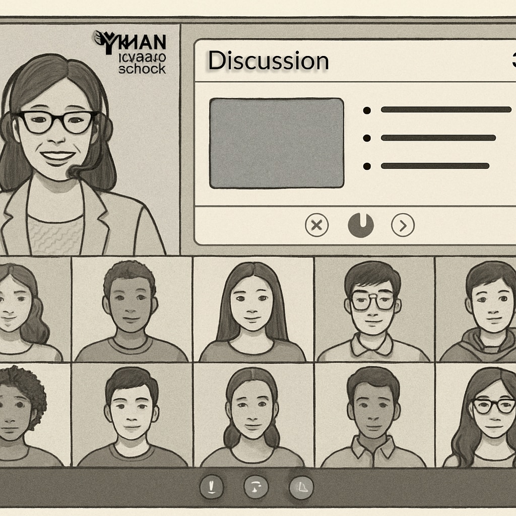 A virtual classroom screenshot showing students and instructors interacting during a live discussion session in Khan World School’s program. Virtual classroom interaction during Khan World School and ASU online courses.