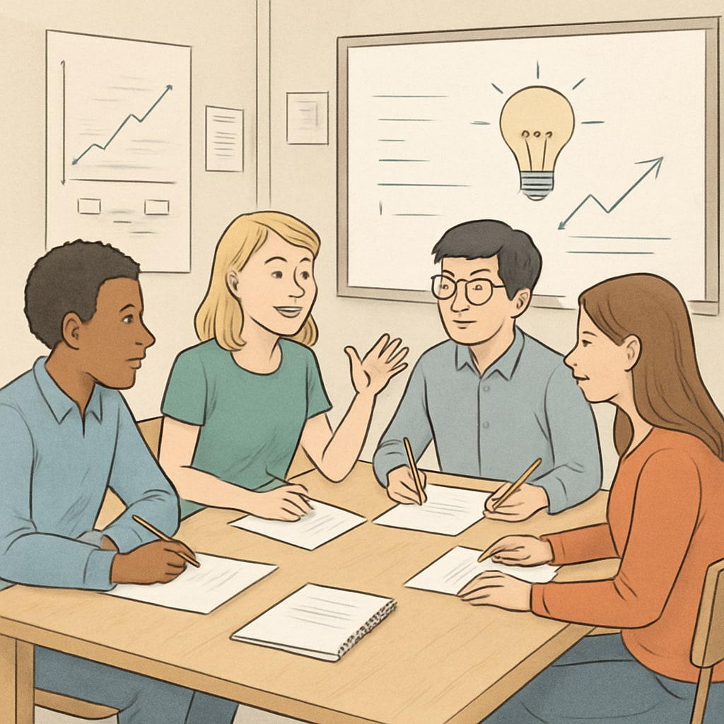 A group of students brainstorming solutions to a business-related problem during a workshop. Students brainstorming solutions to business challenges during a workshop.