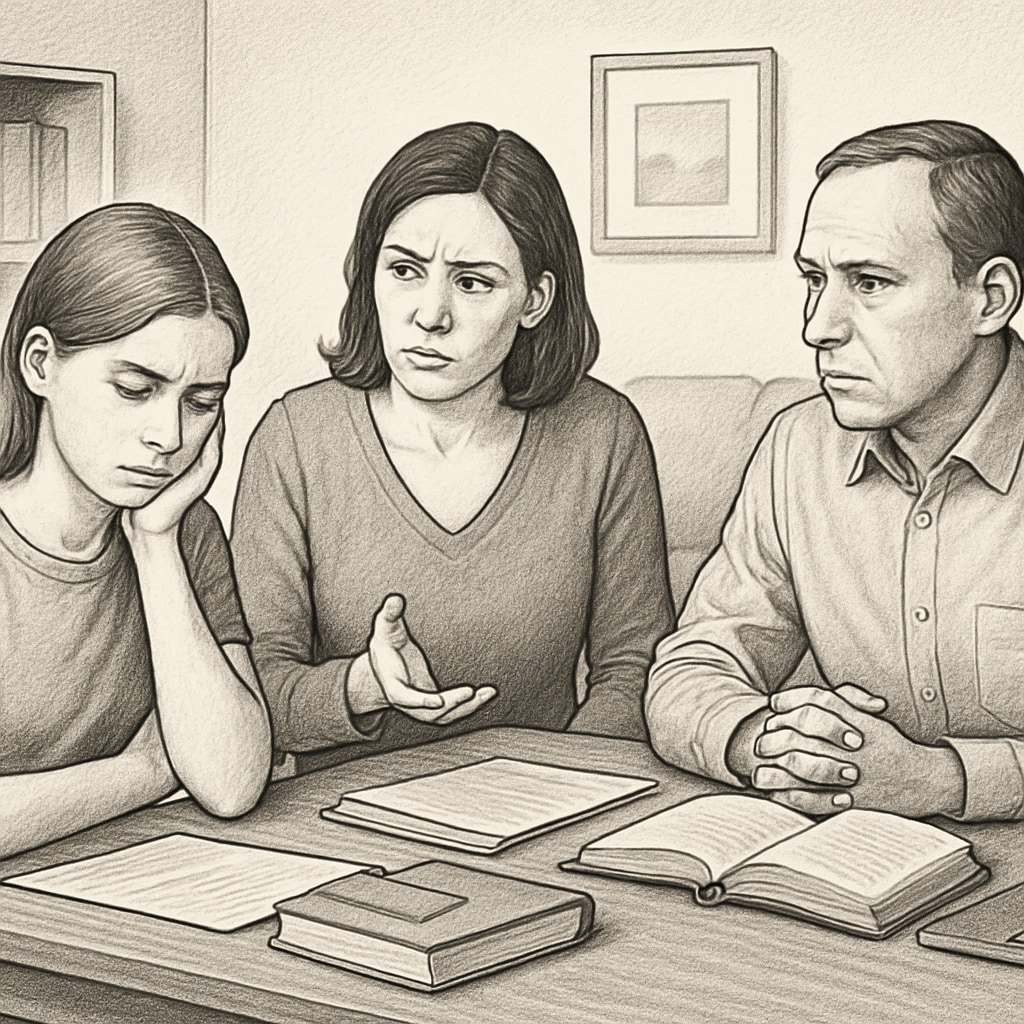 A frustrated family discussing their daughter’s education options, symbolizing the emotional toll of systemic challenges. Family discussing education options for special needs child.