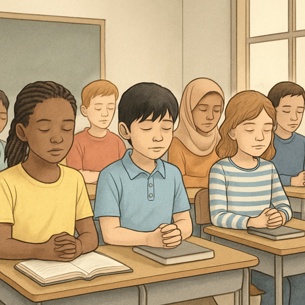 A classroom of students observing a moment of silence, symbolizing global solidarity. Students in a classroom observing a moment of silence for global war victims.