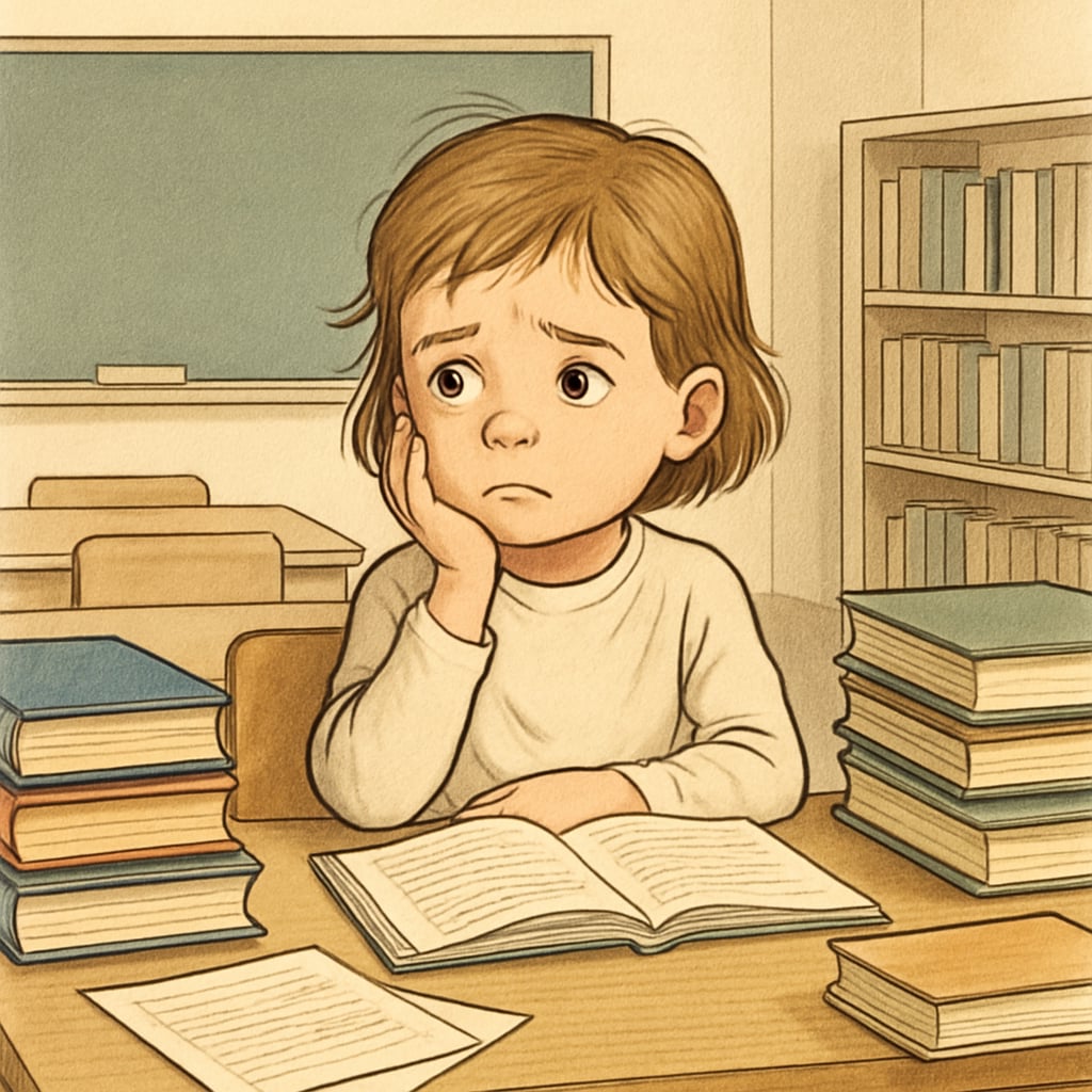 A young child sitting at a desk filled with books and papers, looking overwhelmed by academic materials, representing academic pressure on first graders. A young child overwhelmed by university application-related academic materials.