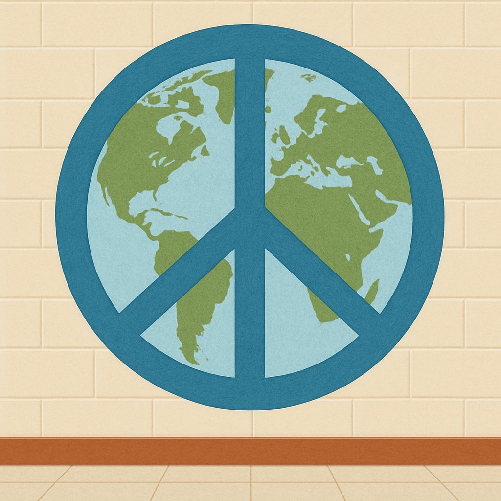 A global peace symbol painted on a school wall, representing the concept of universal solidarity. Peace symbol on a school wall promoting global unity and understanding.