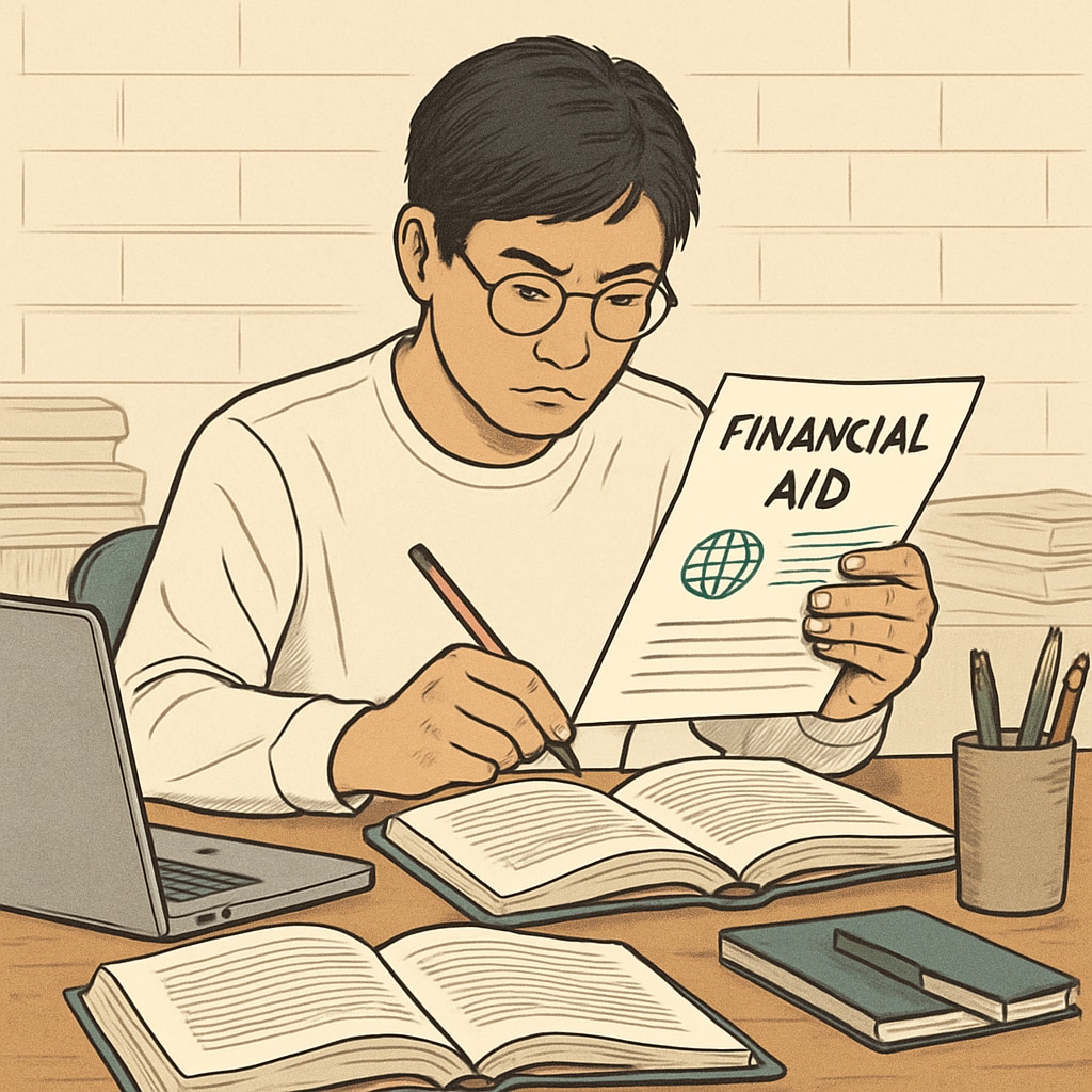 A student reviewing financial aid documents amidst books and a laptop, symbolizing the struggle to pay international tuition fees. Immigrant student reviewing financial aid documents to manage Oxford University tuition fees