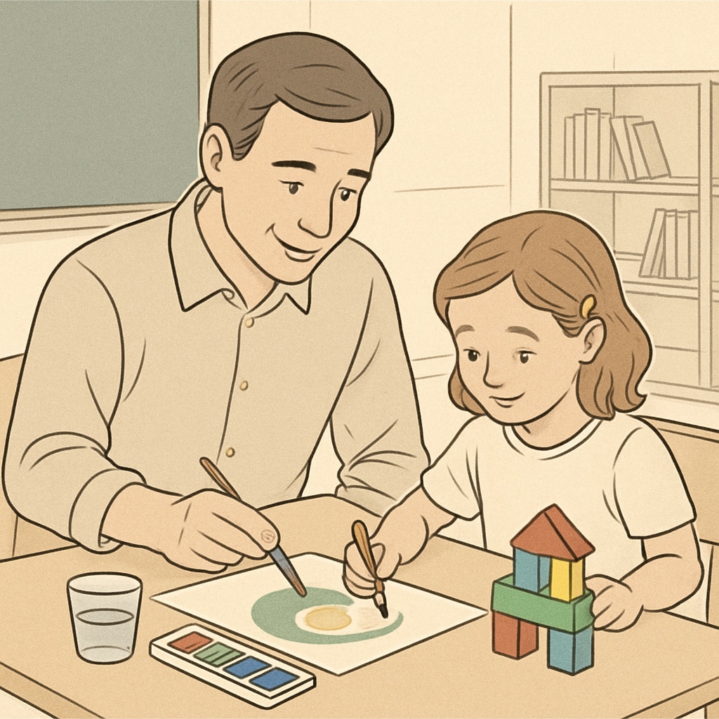 A parent and child working together on a fun, creative activity, such as painting or building blocks, showcasing balanced early education. A parent and child engaging in creative play to balance academic pressure.