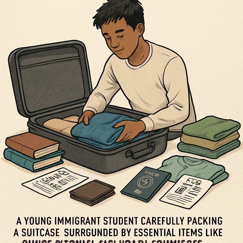 A young immigrant student packing luggage, representing the financial and logistical challenges of studying abroad. Immigrant student preparing to travel abroad for higher education