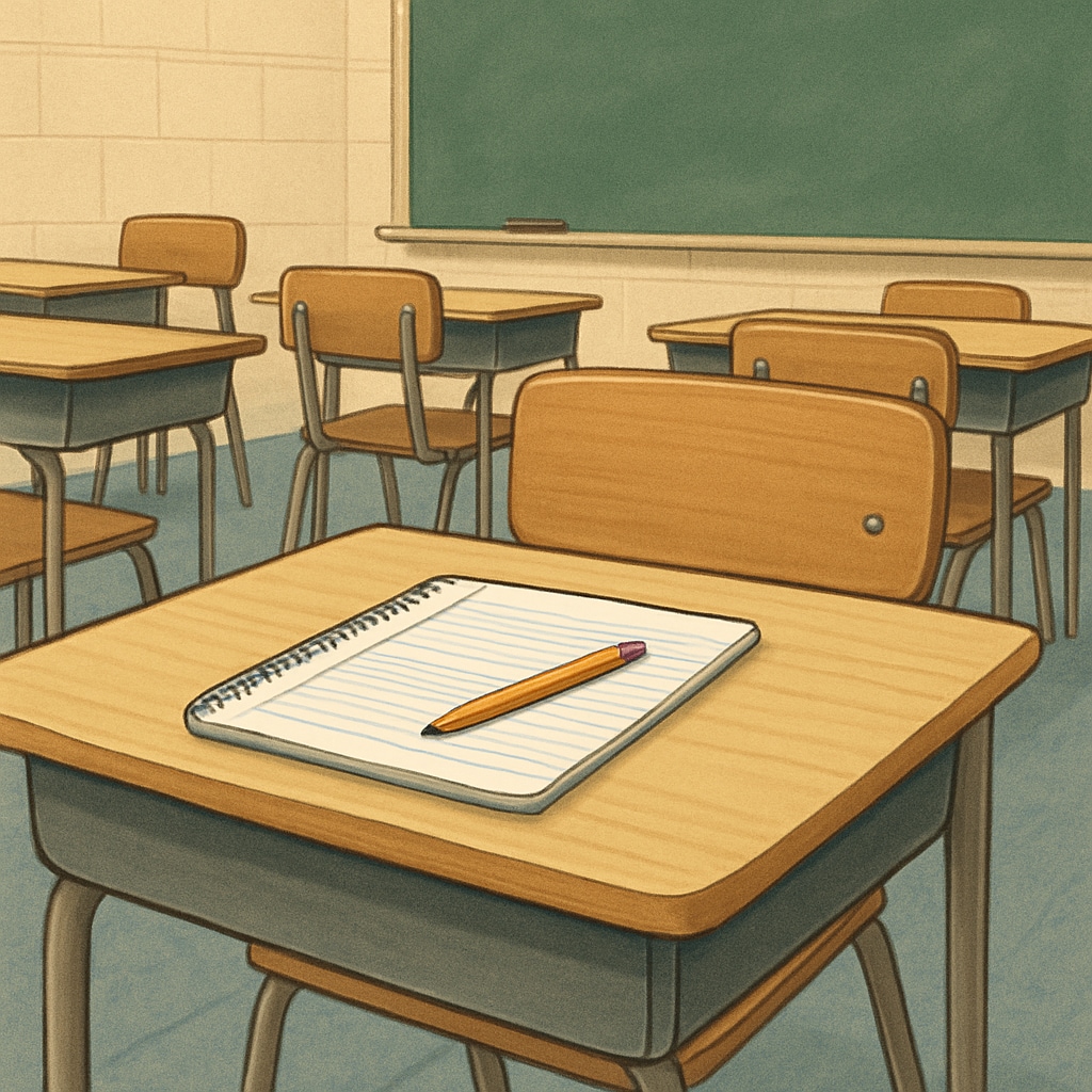 A classroom setting showing an empty desk with a notebook and pencil, symbolizing absenteeism in schools. Empty desk in a classroom representing absenteeism and school attendance issues.