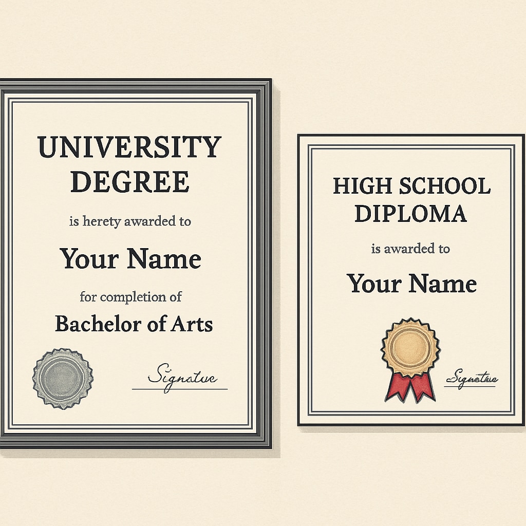 A professional setting showing a university degree certificate alongside a high school diploma to symbolize the education hierarchy debate. University degree certificate and high school diploma illustrating education hierarchy.