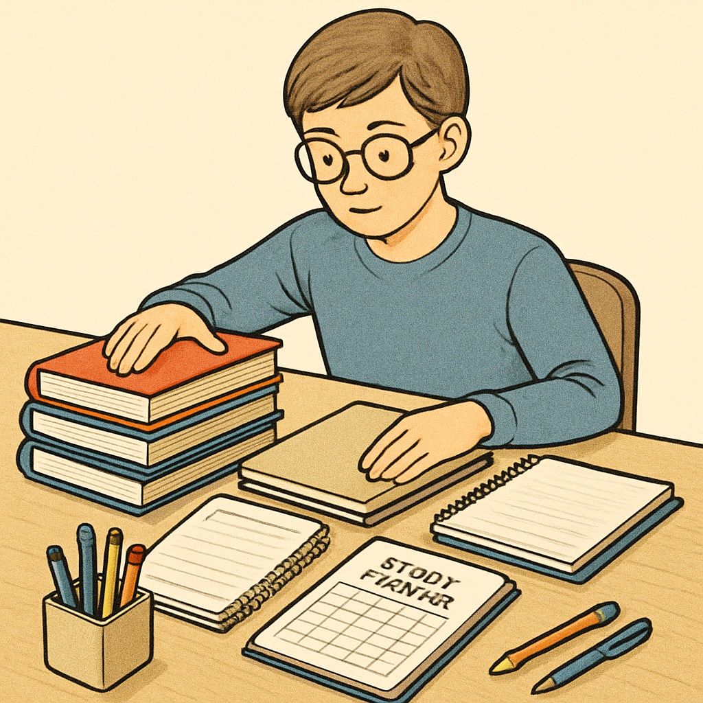 A student organizing study materials related to academic backlogs, time management, exam preparation.