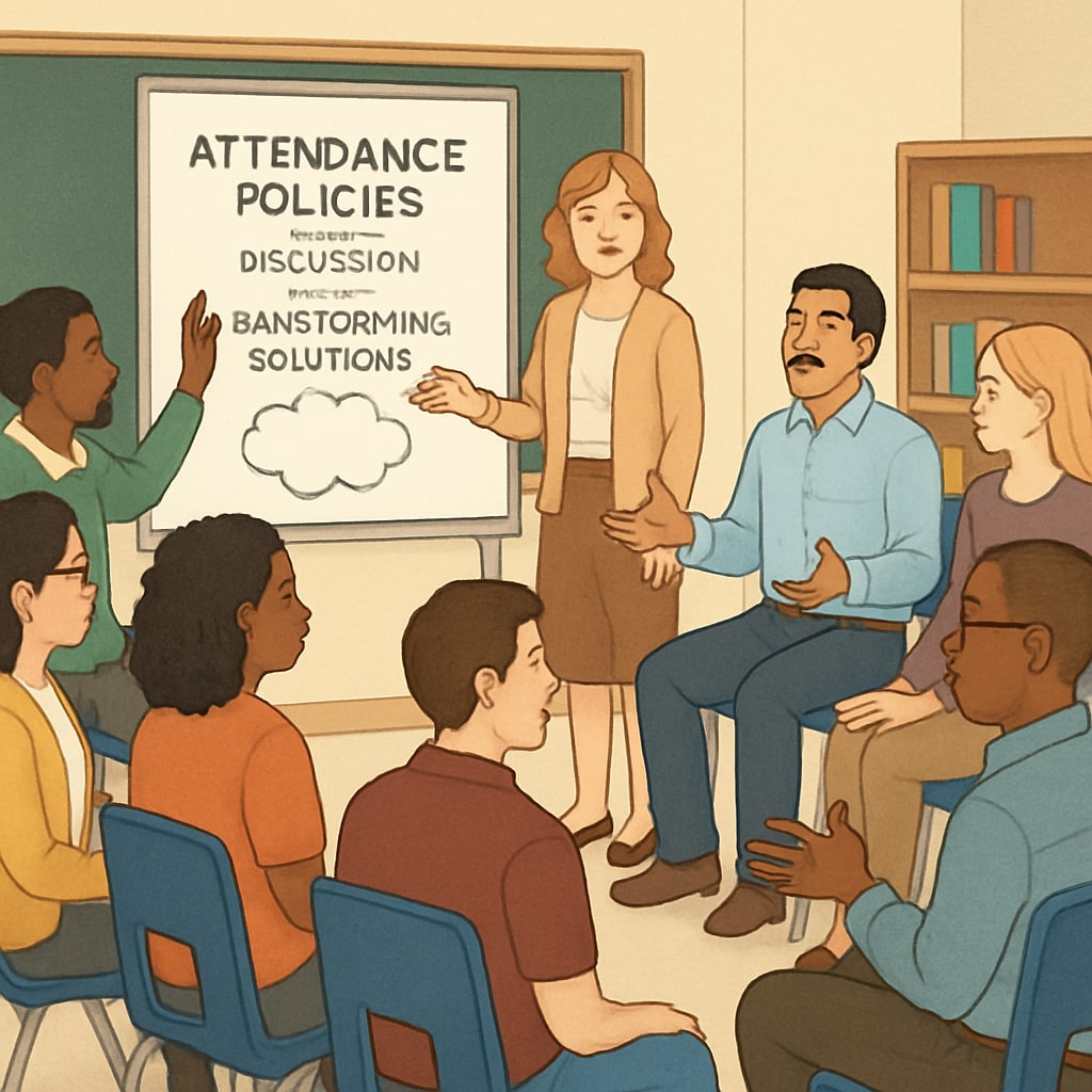A community meeting with diverse parents and educators discussing attendance policies and solutions. Parents and educators in a meeting discussing school attendance concerns.