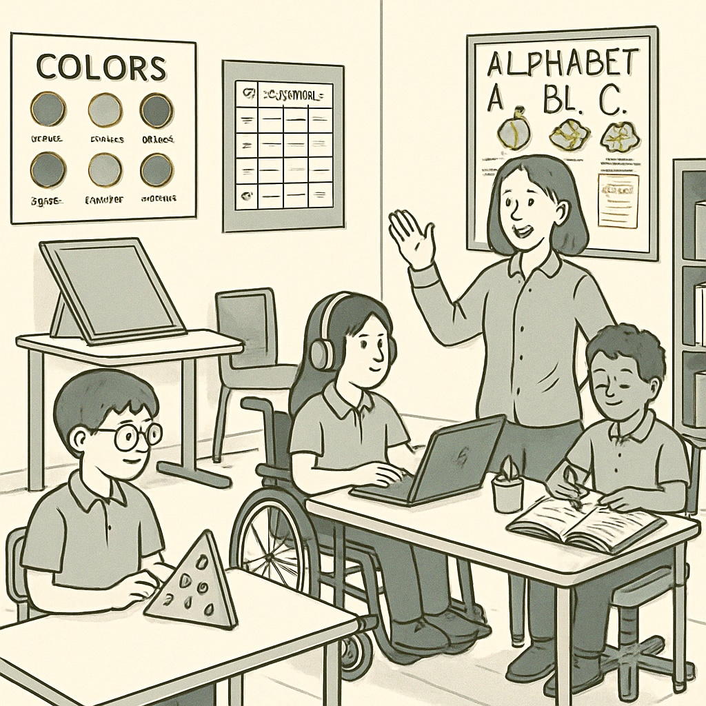 Classroom with special needs education resources and accommodations.