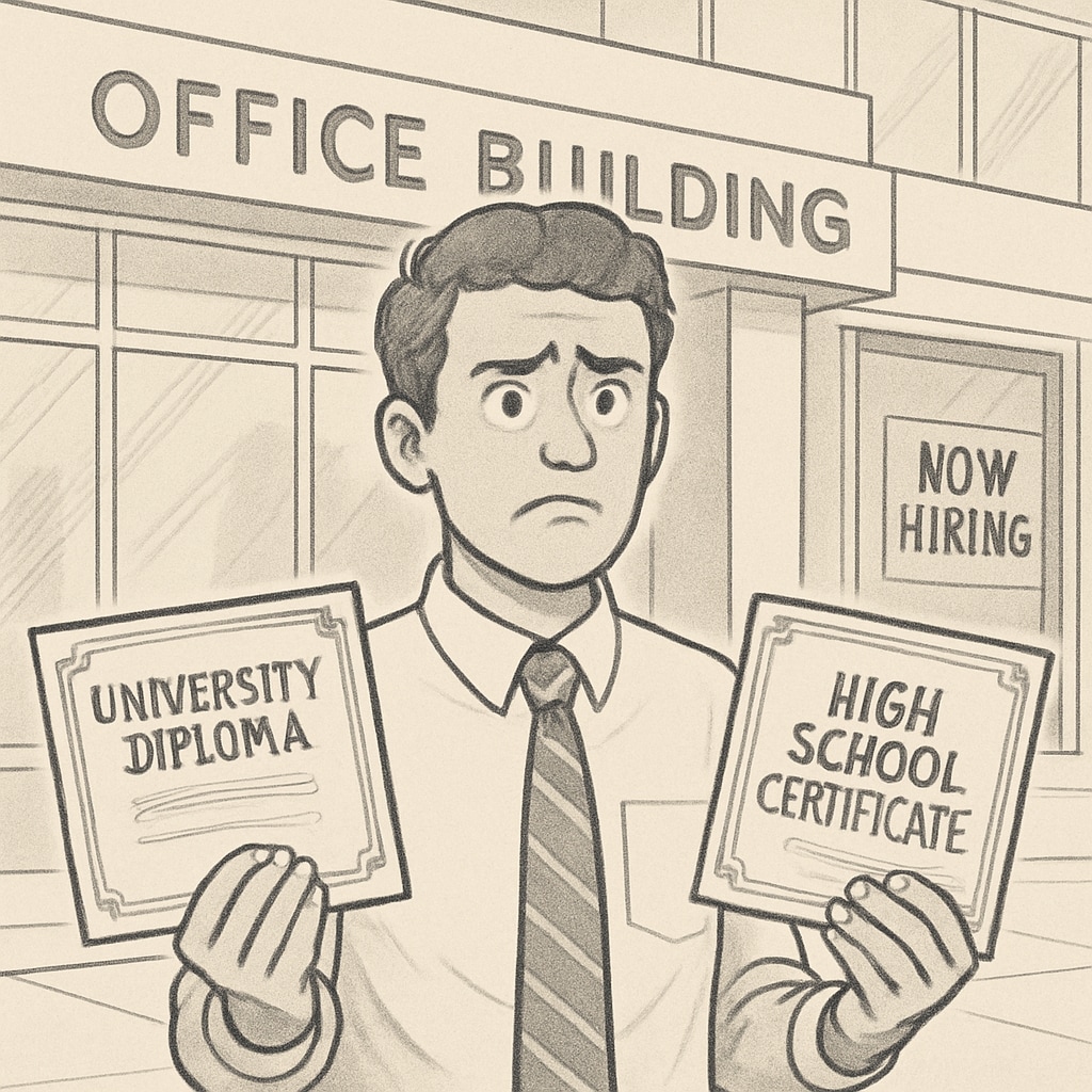 A frustrated job applicant holding both a university diploma and a high school certificate, illustrating the redundancy of Arizona’s employment policy. Job applicant holding diplomas, showing frustration with Arizona’s education policy.