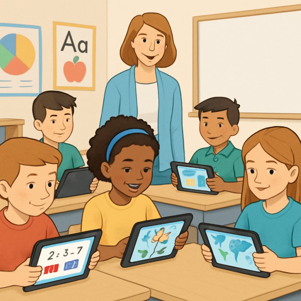 An illustration showing students using an interactive educational app on tablets in a classroom setting. Students using an interactive education app for immersive learning in a classroom.