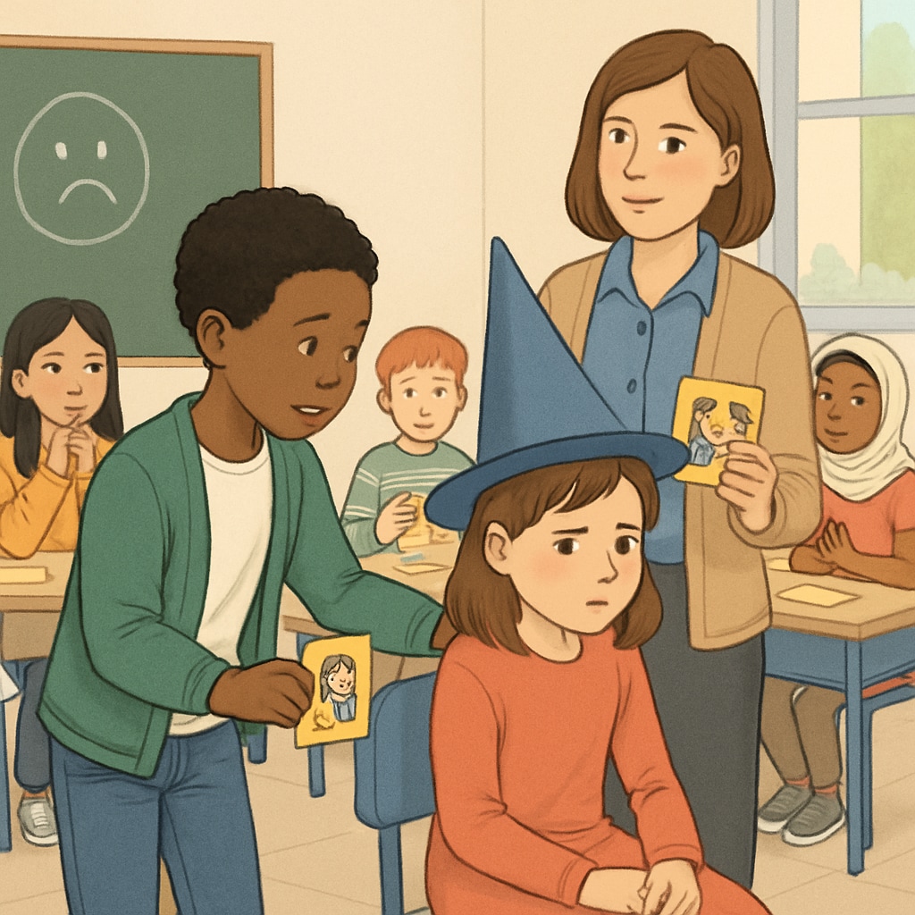 A classroom of children engaging in an emotional education activity, such as role-playing scenarios to practice empathy and communication skills. Children participating in an emotional education activity related to empathy and communication.