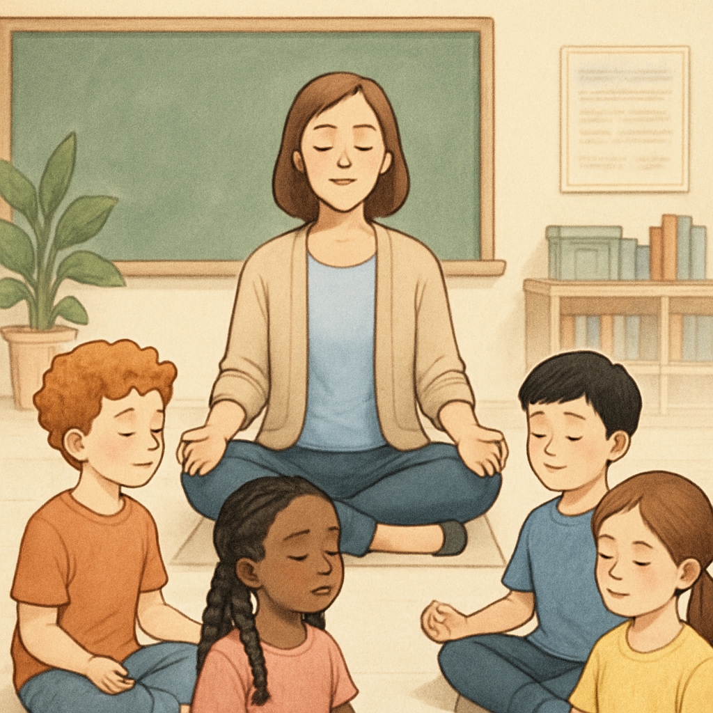 A teacher guiding students through a mindfulness exercise in a calm and nurturing environment. A mindfulness exercise for students, led by a teacher, focusing on emotional regulation.