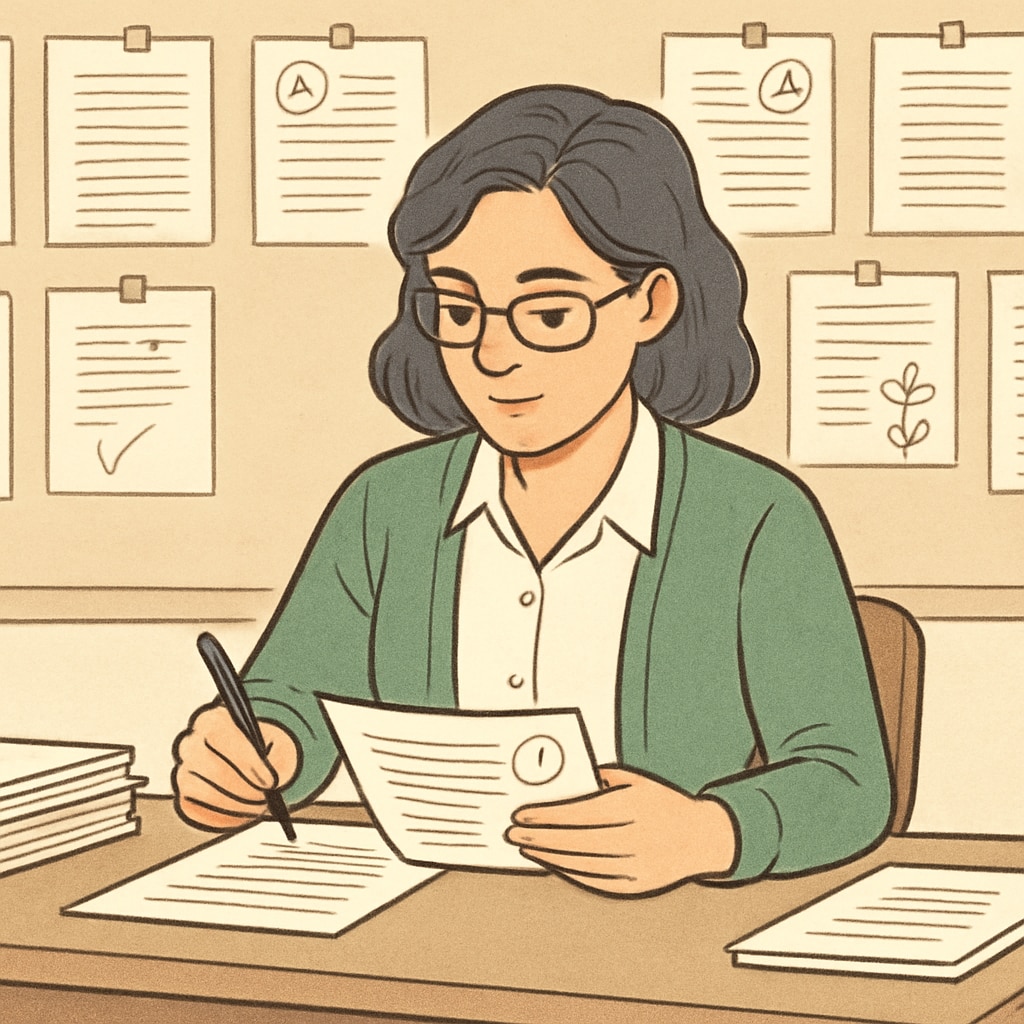 A teacher reviewing student work in a classroom setting, emphasizing the importance of transparent grading practices. Teacher reviewing student work to ensure fair assessments and transparent grading