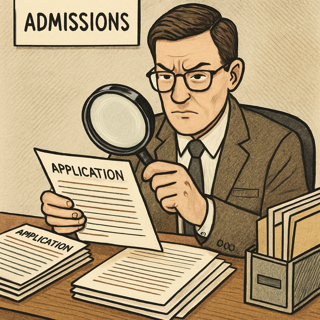 A college admissions officer reviewing applications with a magnifying glass, symbolizing the scrutiny of application materials. College admissions officer scrutinizing applications for authenticity.