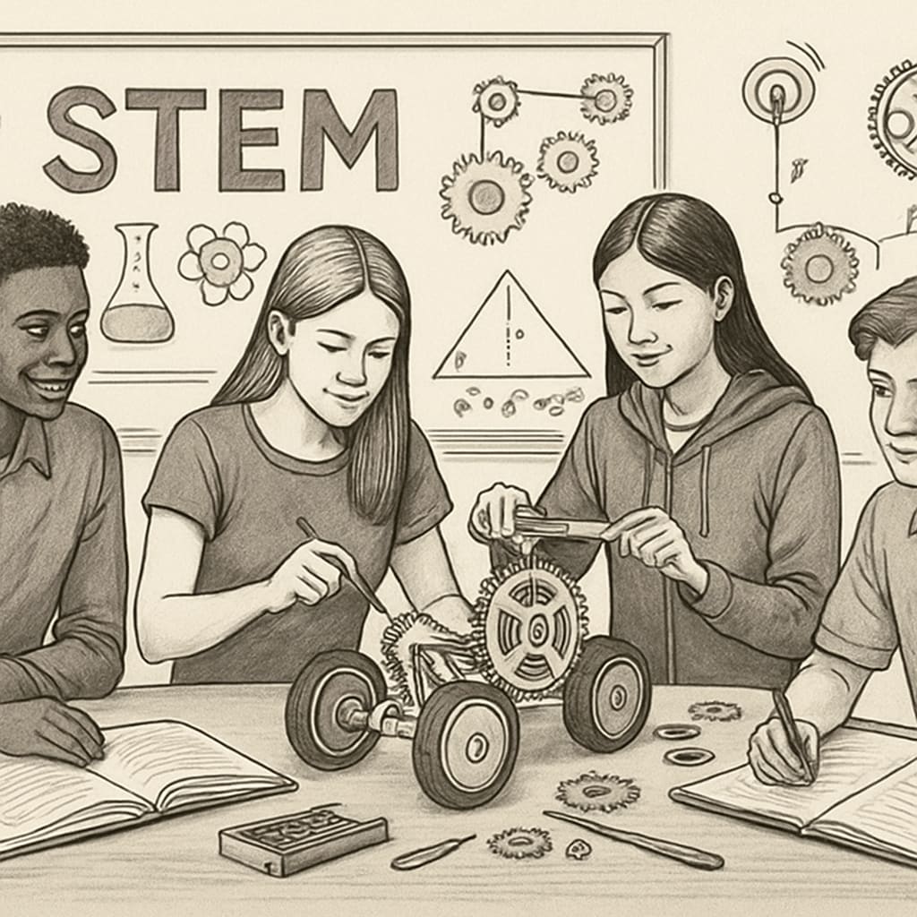 A group of high school students participating in a STEM workshop, learning mechanical engineering concepts. High school students at a STEM workshop exploring mechanical engineering.