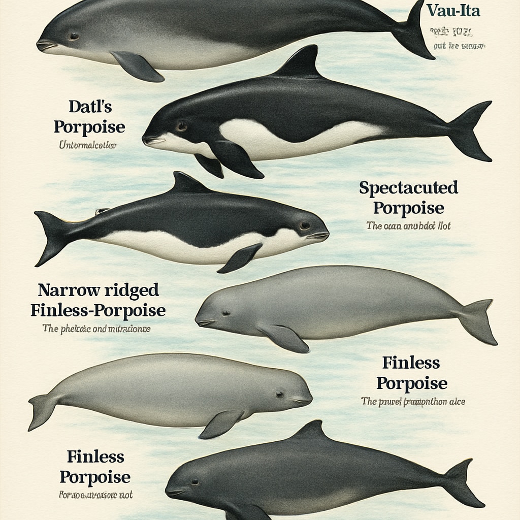 A vivid illustration showing various porpoise species, highlighting their unique physical characteristics and habitats. Porpoise species illustration showcasing marine biodiversity.