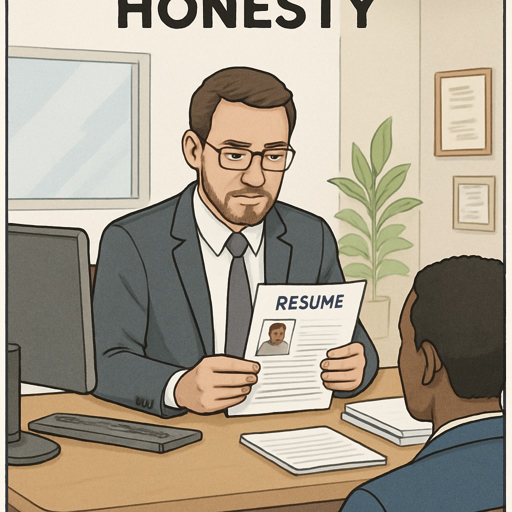 An office environment where a hiring manager is carefully reviewing a resume, highlighting the long-term impacts of dishonesty. Hiring manager reviewing a resume, emphasizing career consequences of dishonesty.