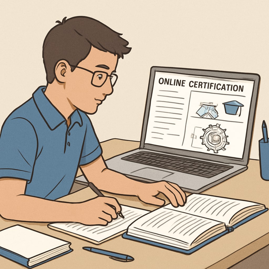 A student working on an online certification course in mechanical engineering on a laptop. A student completing an online certification in mechanical engineering.