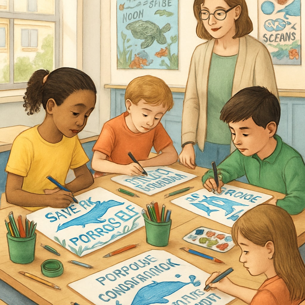 A classroom setting where students are working on porpoise conservation posters, showing their engagement with marine biodiversity topics. Students creating porpoise conservation posters in a K12 classroom.