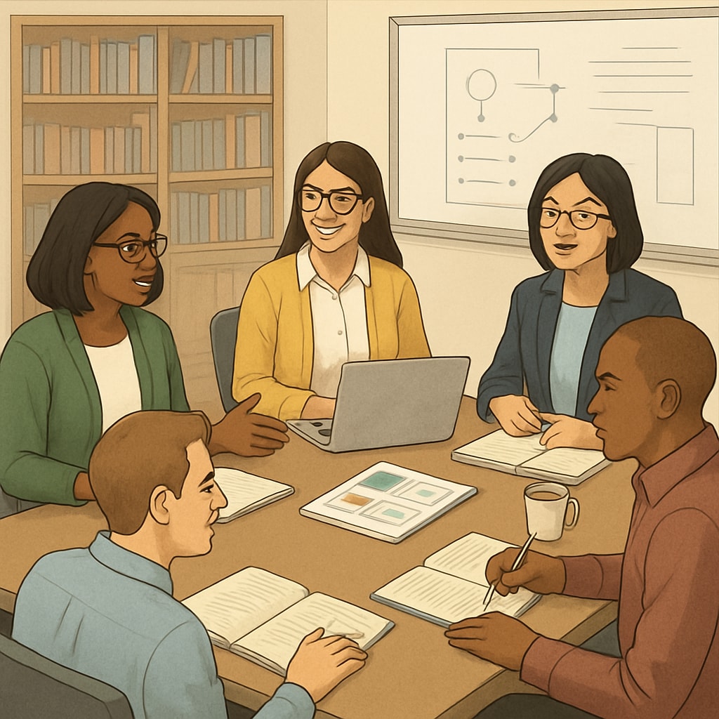 A collaborative meeting between K-12 teachers and University of California education specialists discussing curriculum development. Collaboration between K-12 educators and UC employees on curriculum development.