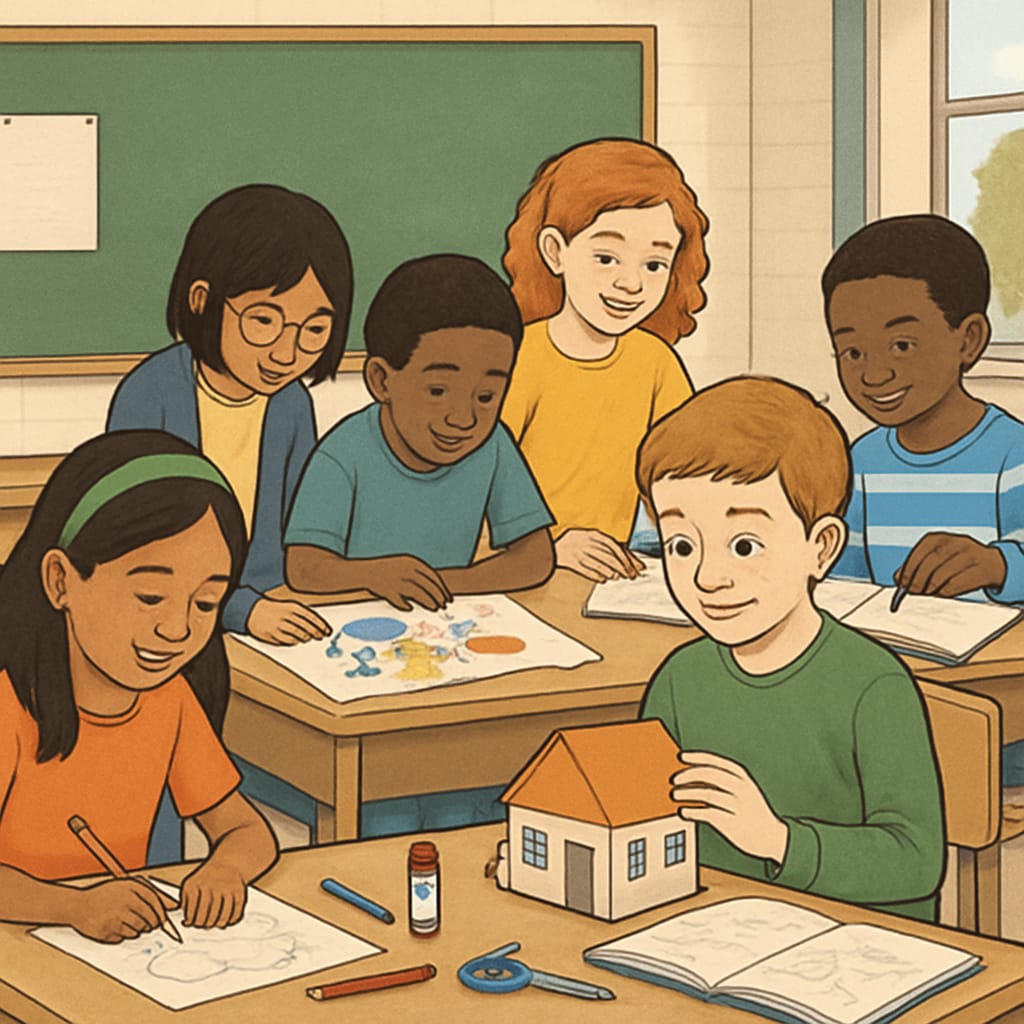 A classroom with students working on different projects, highlighting inclusion and diversity. Students working on diverse projects in a classroom, illustrating inclusion and equity in education.