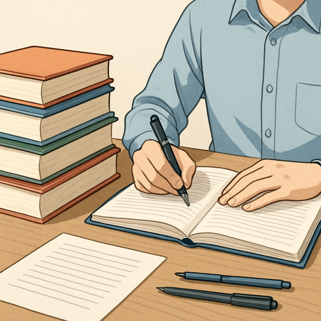 A stack of books on a desk with a student taking notes, symbolizing effective learning tools. Books and notes representing learning methods, book recommendations, and knowledge retention.