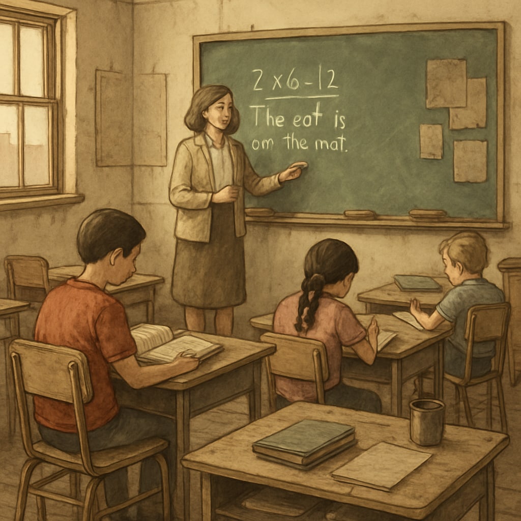 A classroom in a public school struggling with reduced funding due to declining enrollment. Public school classroom affected by reduced funding due to education voucher programs.