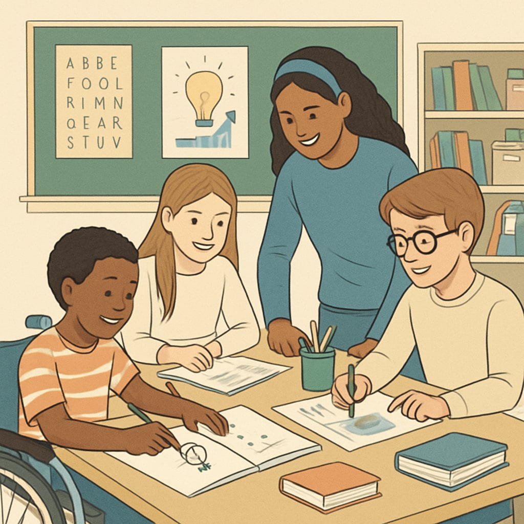Students of diverse abilities working collaboratively on a project, showcasing a growth-oriented learning environment. A group of students with varying abilities collaborating, representing a growth mindset in education.