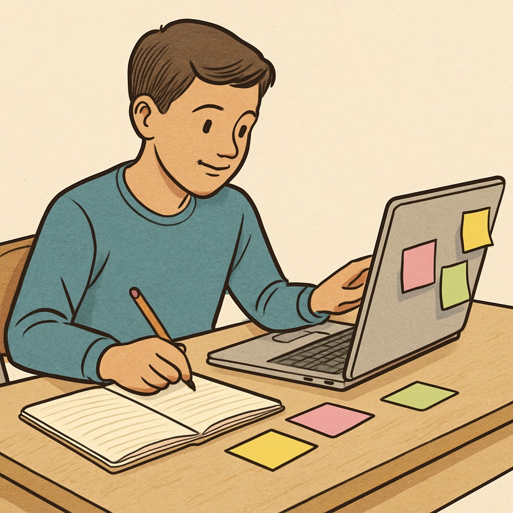 A student studying at a desk with a laptop and colorful sticky notes, illustrating active learning techniques. Active learning tools for K12 students, demonstrating effective study methods.