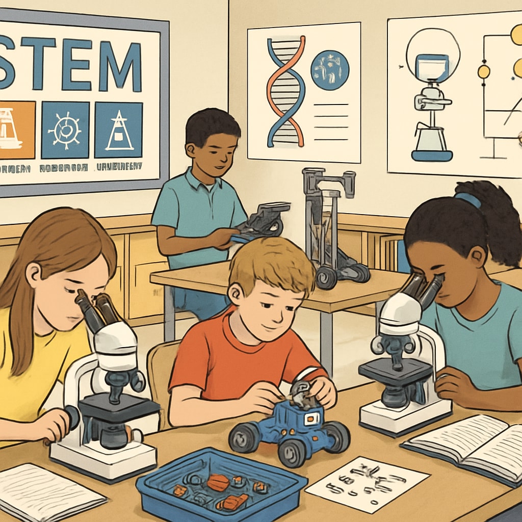 A STEM-focused classroom illustrating innovative programs introduced by public schools to retain students. STEM-focused classroom in a public school adapting to challenges from voucher programs.
