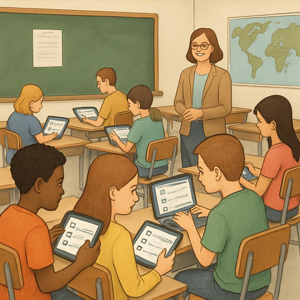 A classroom setting with students actively engaged in filling out surveys on digital devices, showcasing the integration of technology in education research. Students using digital devices for surveys in a classroom setting.