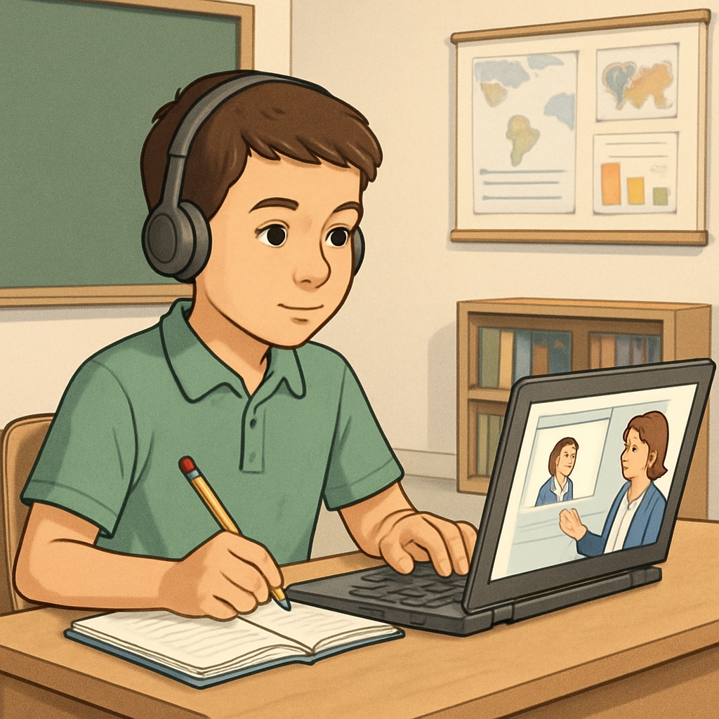 A young student sitting at a desk with a laptop, participating in an online class. Young student attending an online public school class on a laptop.