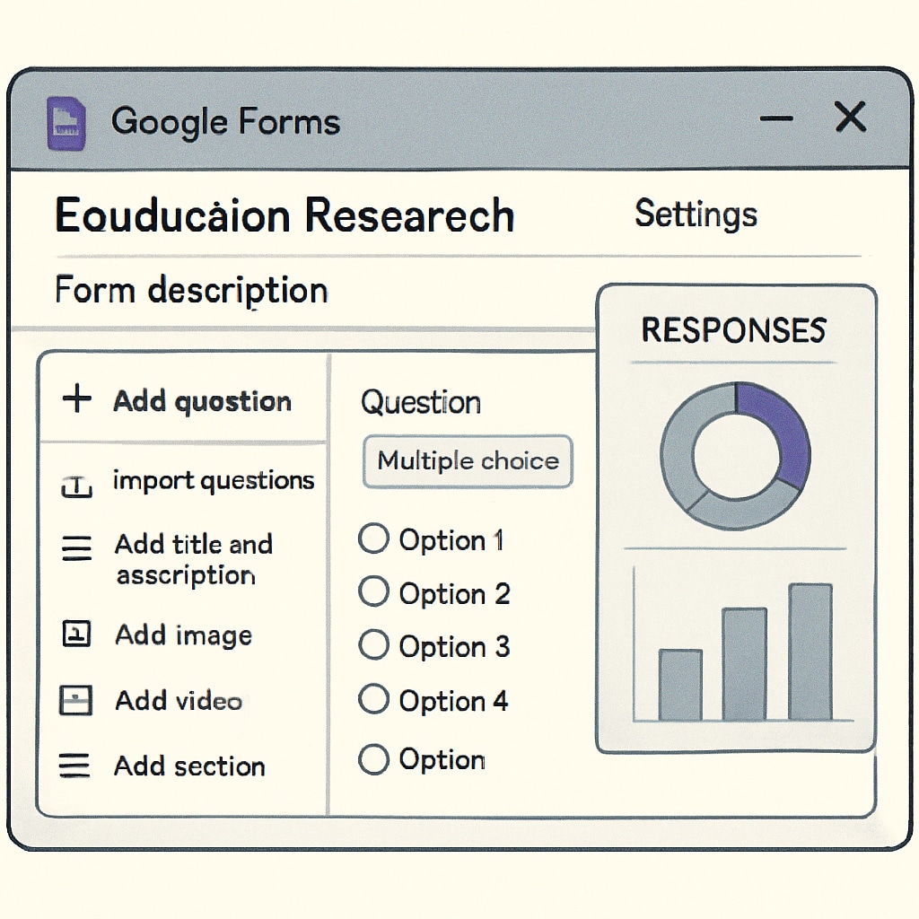 A screenshot or visual of the Google Forms interface, highlighting survey creation options and analytics tools useful for education research. Google Forms interface showing survey creation and analytics features.