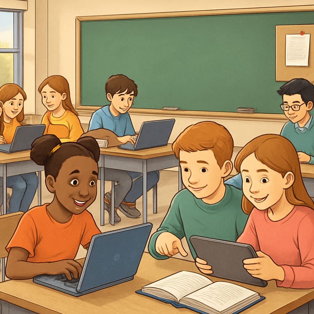 Students in a classroom using technology, highlighting digital literacy and collaboration.
