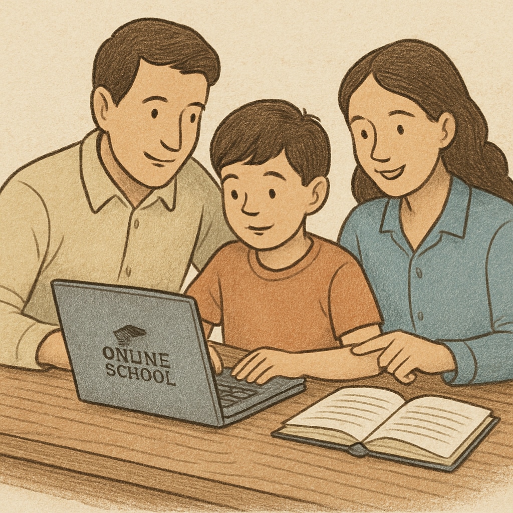A family sitting together at a table, helping their child navigate an online school platform. Family supporting a child’s online public school education.